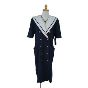 NWT Vintage Navy Sailor Dress Nautical Coastal Women's Size 12 Pockets Buttons